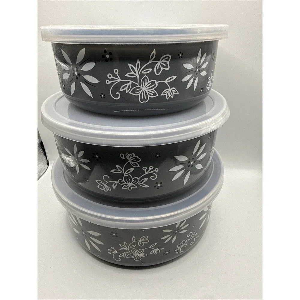 Temptations Stainless Steel Bowls With Lids/ Set of 3 Old World/Floral Lace Gray
